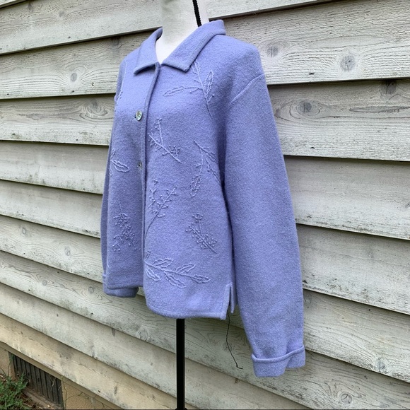 Vintage 90s Pastel Purple Boiled Wool Long Sleeve Button Down Cardigan Sweater - Picture 3 of 16